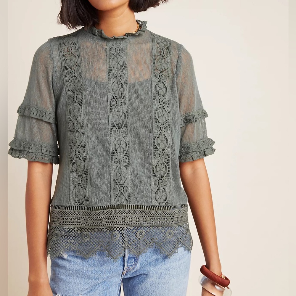 Anthropologie Sz XL Ruffled Lace Blouse by Blue Tassel EUC